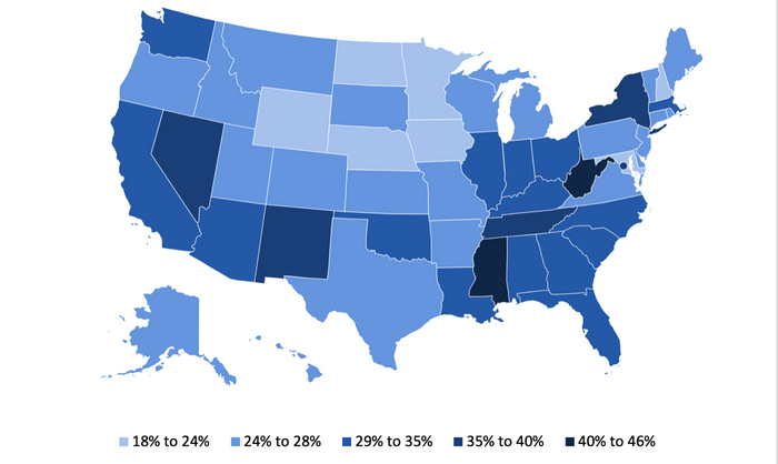 Cost of Care as Percentage of Median Household Income US Map, link to accessible description below.